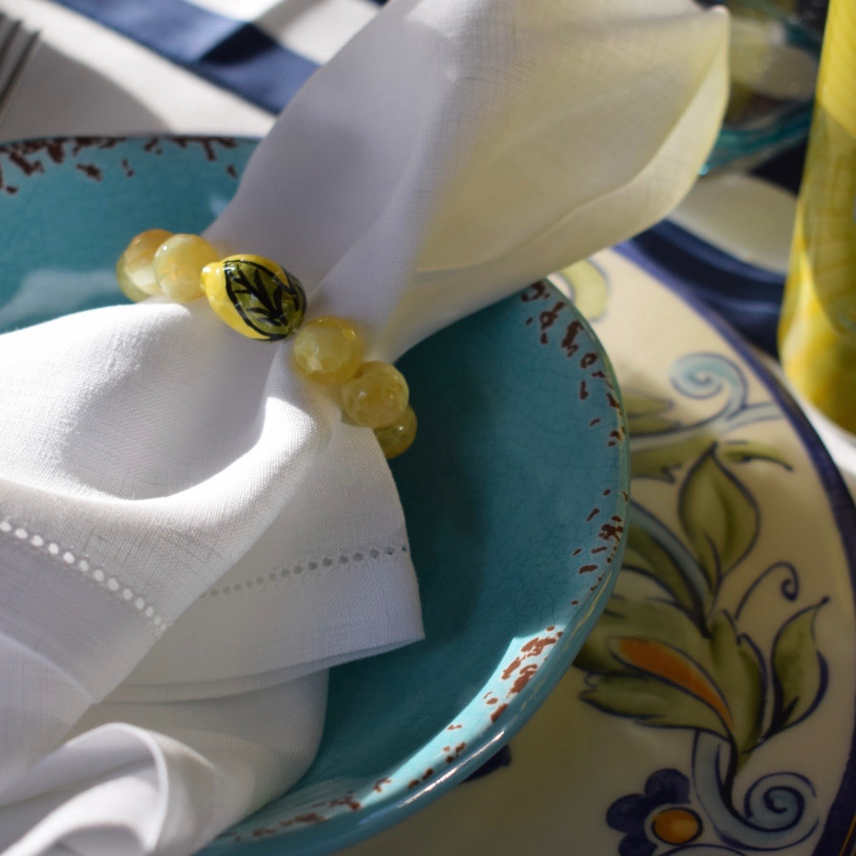 Yellow agate with Handpainted Lemon Wine Glass Marker &amp; Napkin Ring - Oriana Lamarca LLC