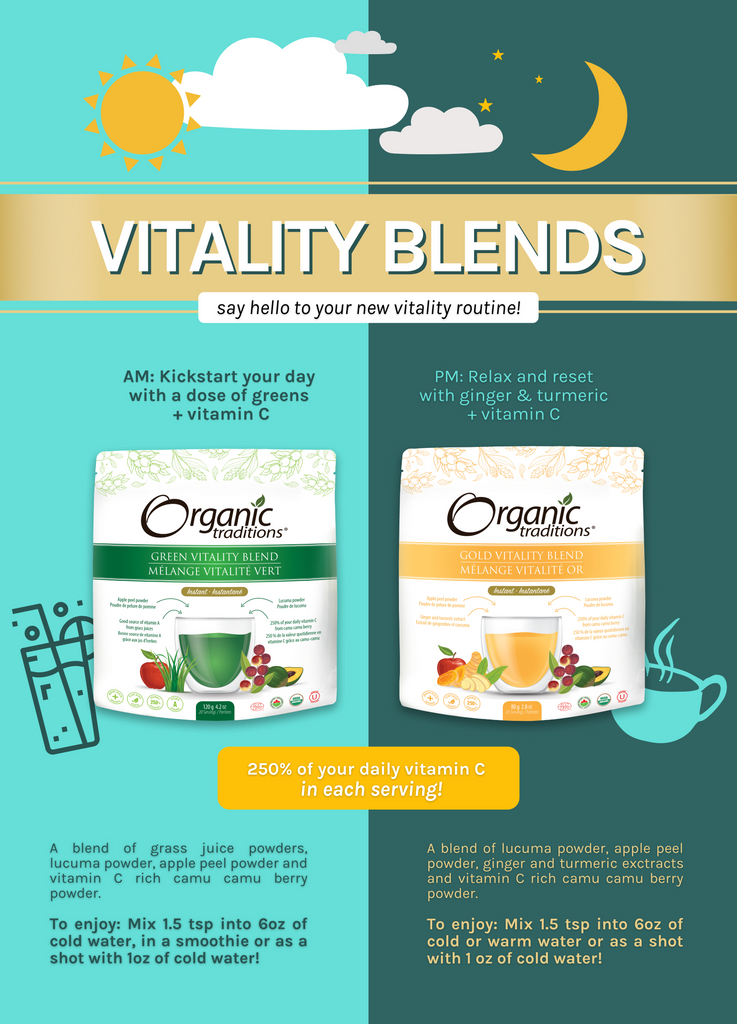 organic green vitality blend and organic gold vitality blend routine infographic by organic traditions