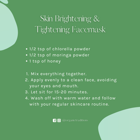 three ingredient skin brightening and tightening face mask with chlorella powder, moringa powder and honey by organic traditions 