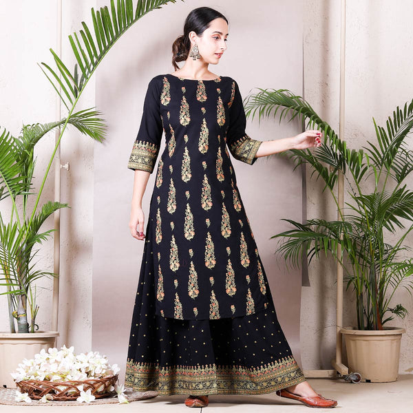 Black Festive Gold Printed Kurta with Black Skirt – Rustorange