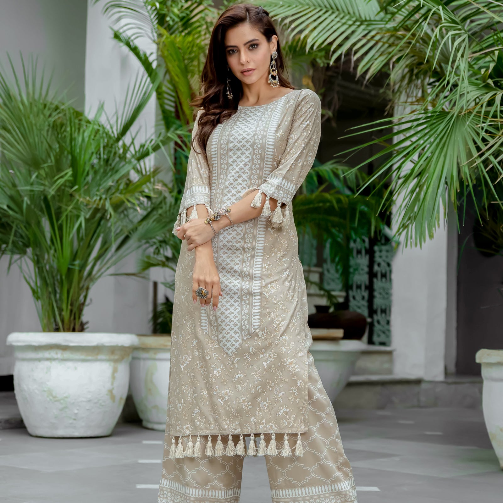 Beige Kurta Palazzo Set with Tassel Details – Rustorange