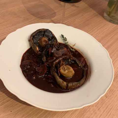 mushrooms in chocolate and red wine sauce