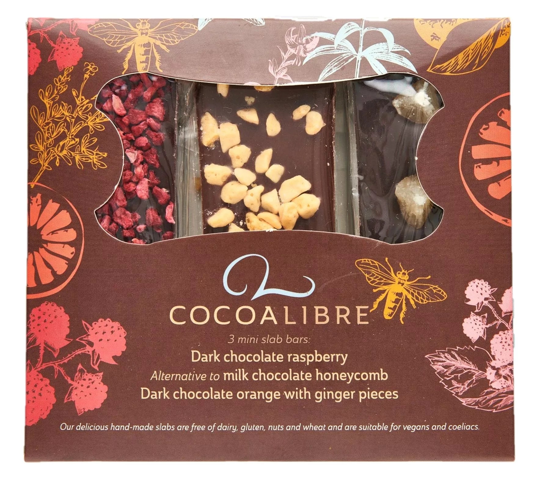 Cocoa Libre Triple Delight - Vegan, Dairy-Free, Nut-Free, Gluten-Free Mini Chocolate Bars - Raspberry, Honeycomb, Orange & Ginger, 120g-image-1