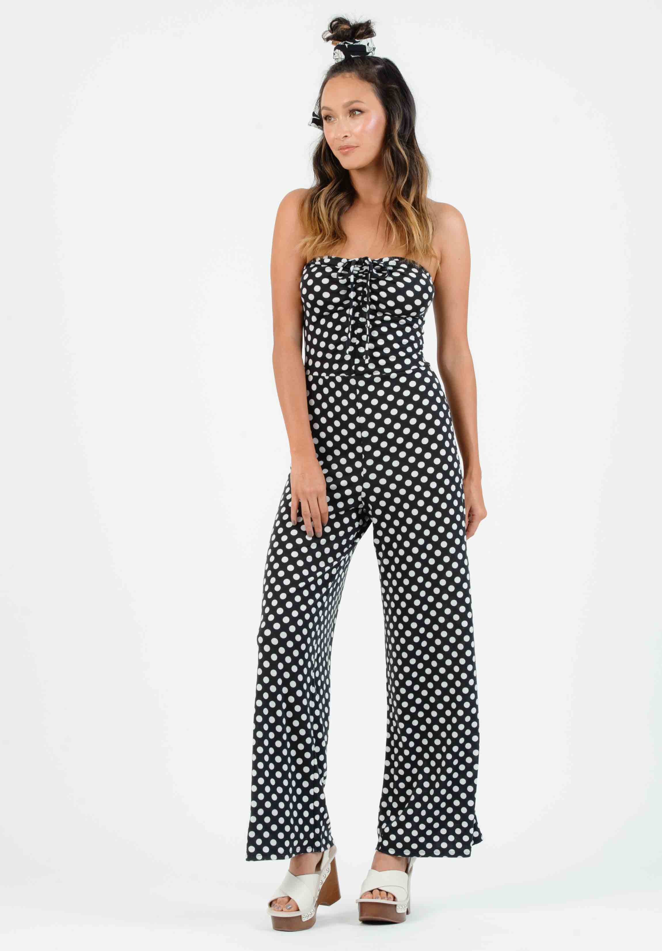 black and white polka dot overalls