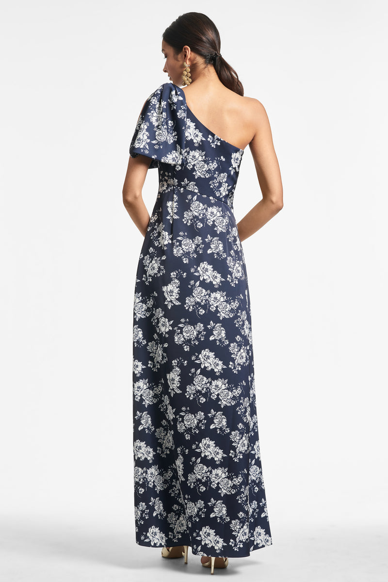 Navy Blue & Ivory White Peony Print Chelsea Gown | Sachin & Babi