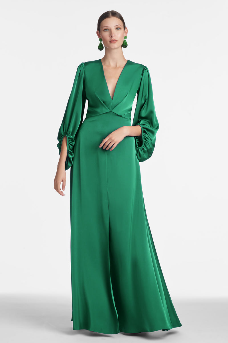 Satin Crepe Solid Emerald Green Jenny Gown | Sachin & Babi