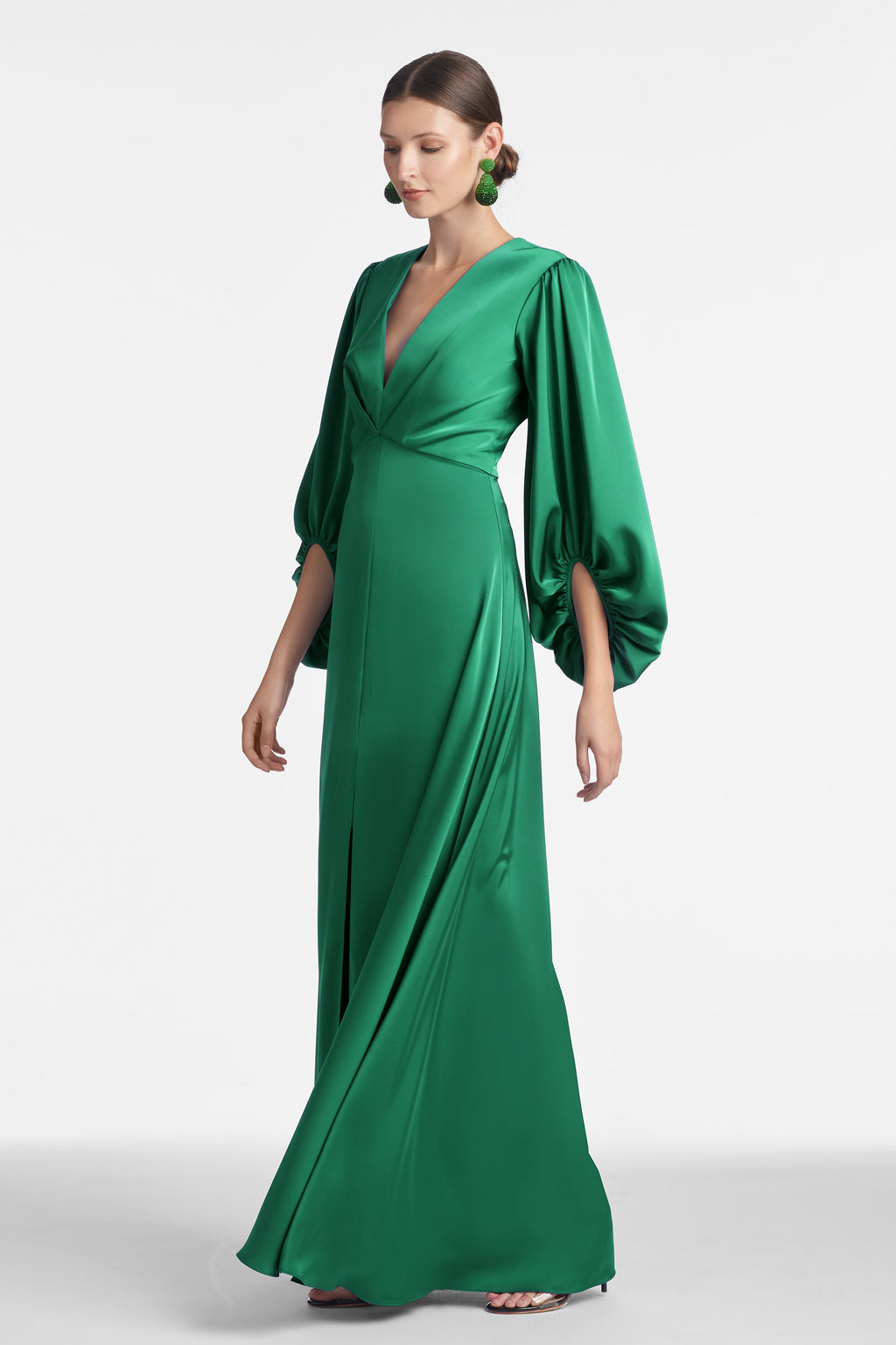 Satin Crepe Solid Emerald Green Jenny Gown | Sachin & Babi