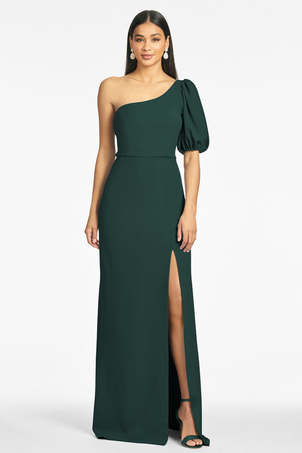 Ariella Navy Stretch Crepe Gown | Montique | Navy Off-the-Shoulder Gown