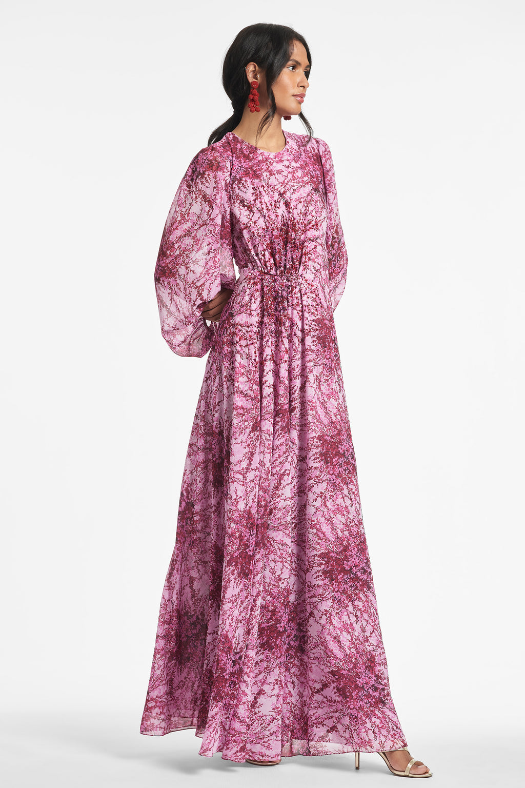 Poly Chiffon Carnation Pink Bouquet Print Bianca Gown | Sachin & Babi