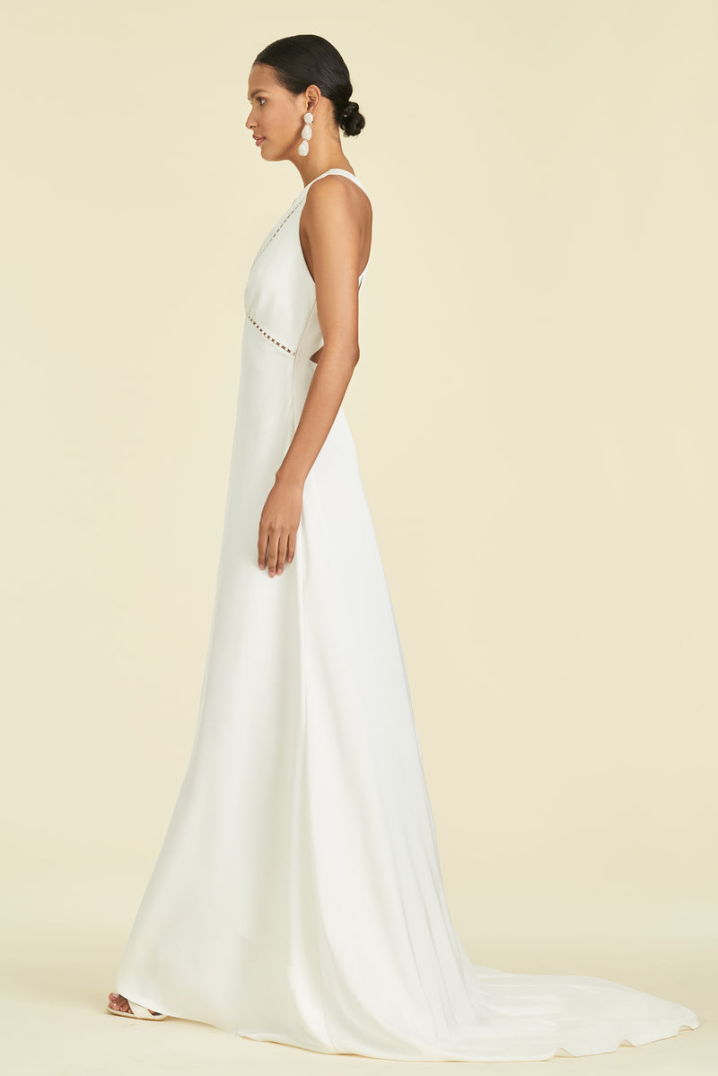 Satin Crepe Solid Off White Astor Gown | Sachin & Babi