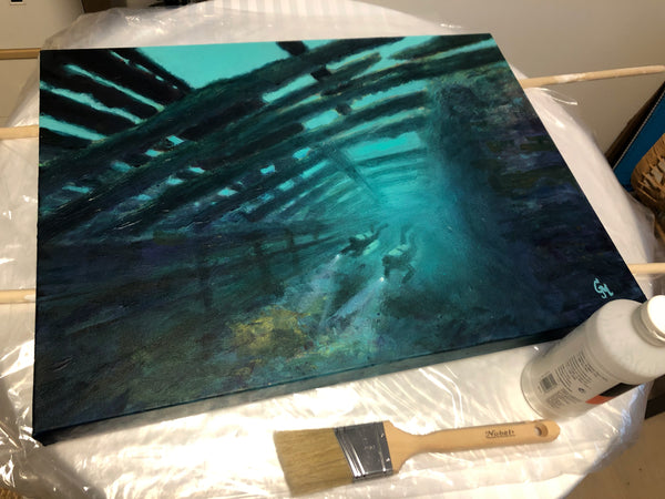 Varnishing a painting of the Vickery wreck