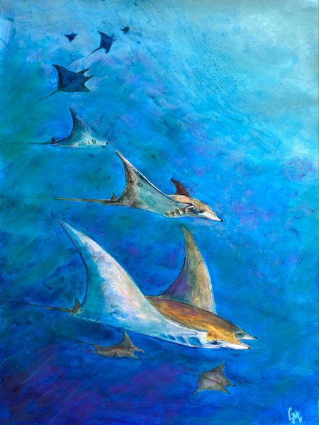 "Soaring Squadron" painting of a group of Sickelfin Devil Rays by Grace Marquez