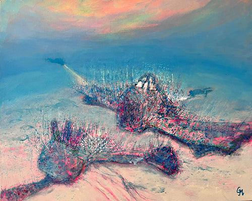 painting by Grace Marquez of a plane sitting on the ocean floor in Bikini Atoll