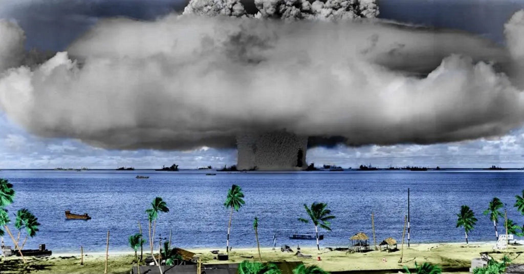 Colourised photo of the Baker nuclear test explosion in Bikini Atoll copyright US Dept of Defence