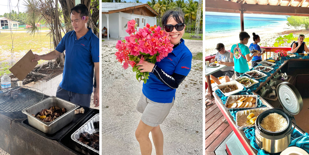 the bbq lunch being prepared and served on Bikini island with freshly picked flowers
