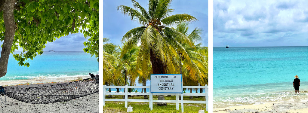 Bikini island beach and ancestral cemetery with palm trees