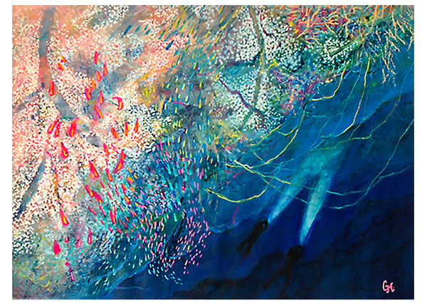 Painting by artist Grace Marquez divers descending along colourful reef wall