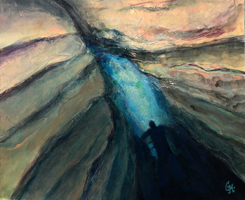 Painting of diver dropping down into a chute at Ressel cave in France