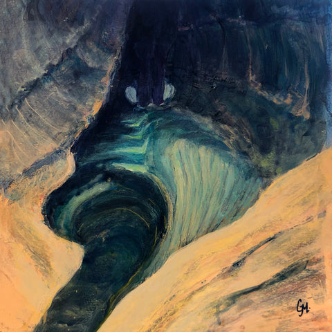 Acrylic painting by Grace Marquez of diver at Font Del Truffe cave
