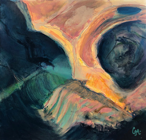 Acrylic painting by Grace Marquez on paper of diver beside rock formation in Font Del Truffe