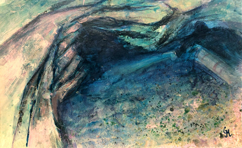 Painting of diver entering Ressel cave by Grace Marquez