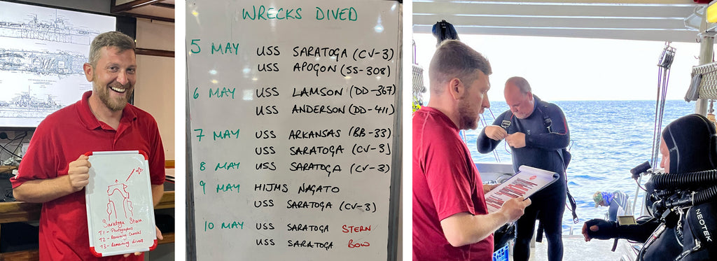 photo of guide briefing divers and a list of wrecks dived in Bikini and a guide going through rebreather checklist 