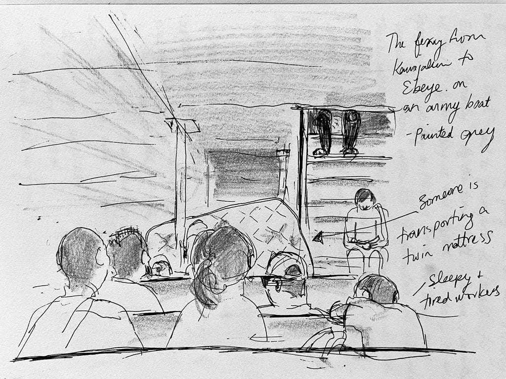 Sketch of passengers onboard Kwajalein to Ebeye ferry