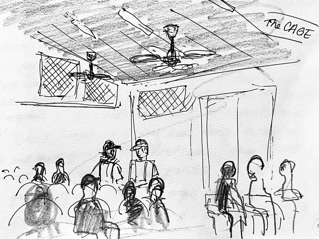 Sketch of interior of building with people sitting in rows of chairs