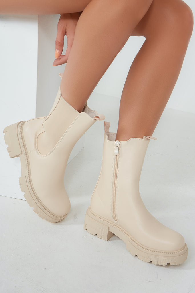 Aibhe Cream Faux Leather Chunky Boots
