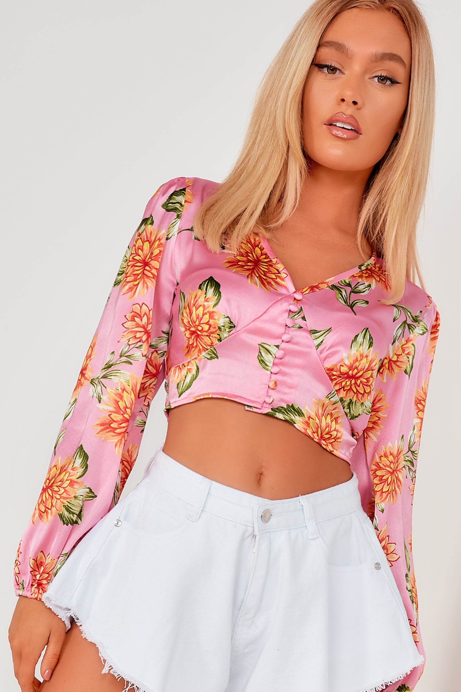 Image of Alina Pink Floral Satin Crop Top