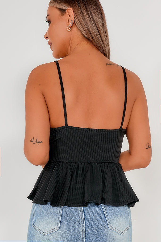 Arabella Black Ribbed Peplum Top