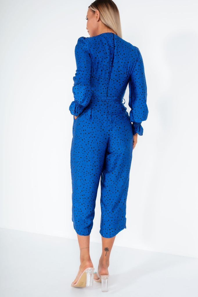 AX Paris Audrey Blue Satin Printed Jumpsuit