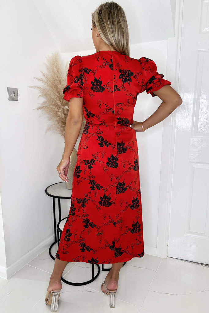 AX Paris Piper Red Satin Printed Frill Midi Dress