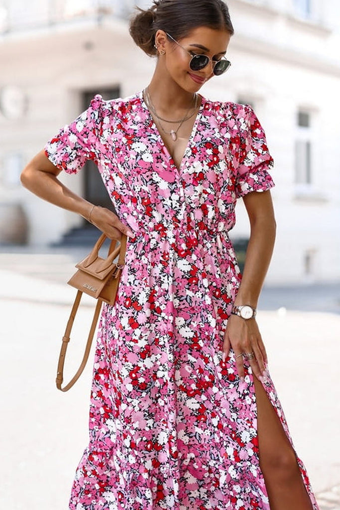 Jordyn Pink and Red Floral Midi Dress