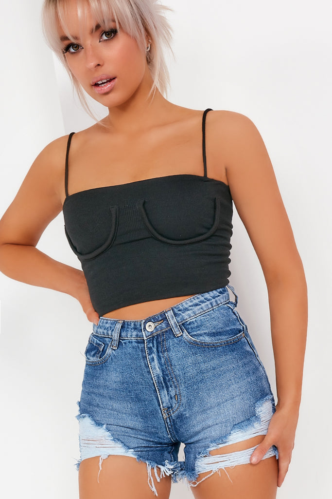 Ebony Black Ribbed Spaghetti Strap Crop Top