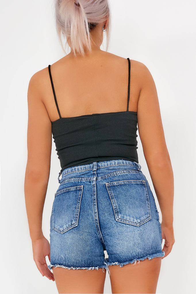 Ebony Black Ribbed Spaghetti Strap Crop Top