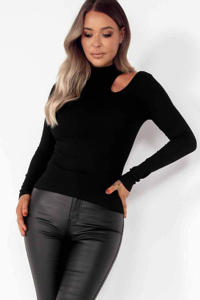 Eileen Black Ribbed Cut Out Top