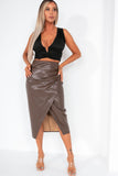 Eliot Chocolate Faux Leather Midi Skirt