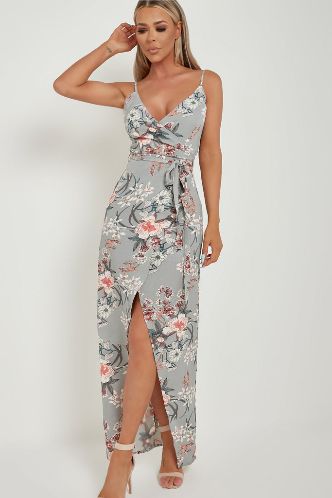 grey floral wrap dress