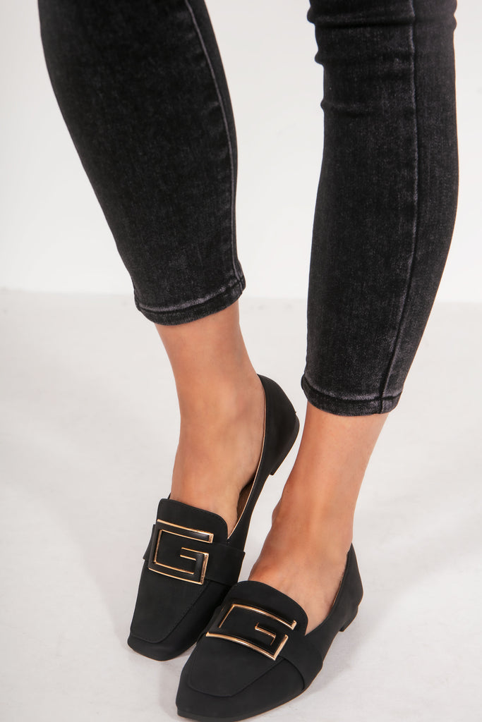 Frona Black Suedette Buckle Loafers