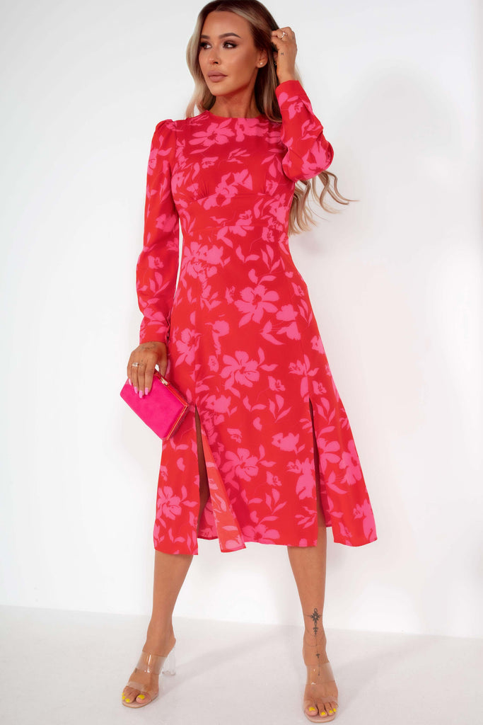 Girl In Mind Cass Pink and Red Floral Midi Dress