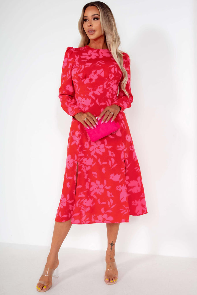 Girl In Mind Cass Pink and Red Floral Midi Dress