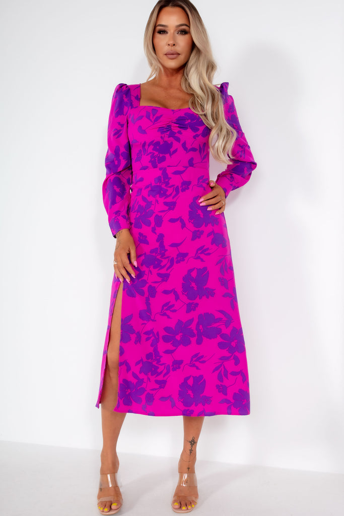 Girl In Mind Kara Magenta Floral Sweetheart Neck Dress