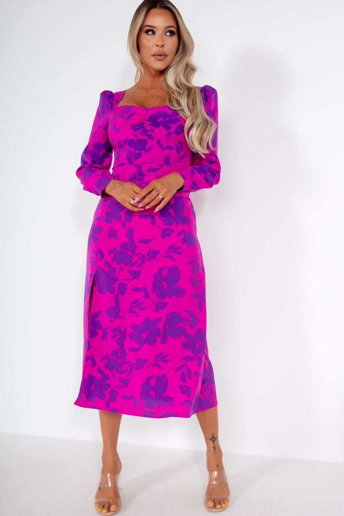 Girl In Mind Kara Magenta Floral Sweetheart Neck Dress