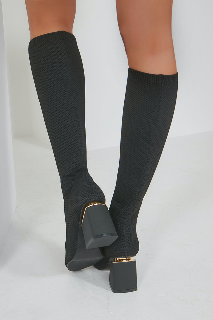Grainne Black Knitted Knee High Boots