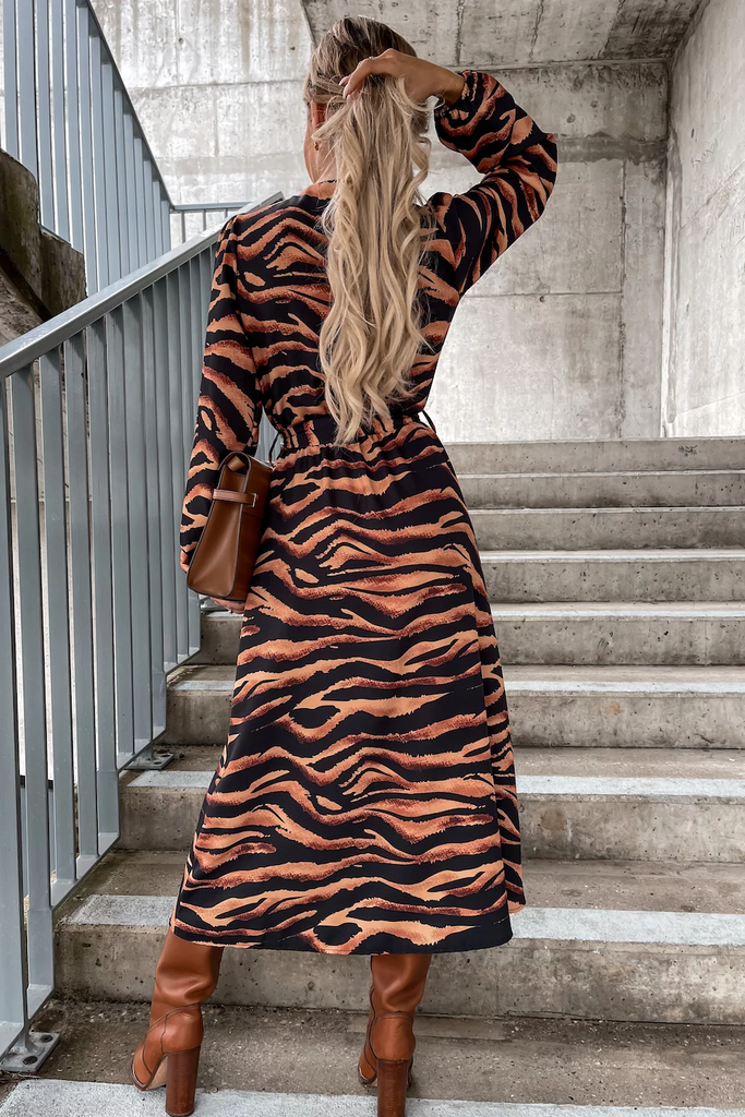 Kailey Black and Brown Animal Print Midi Dress