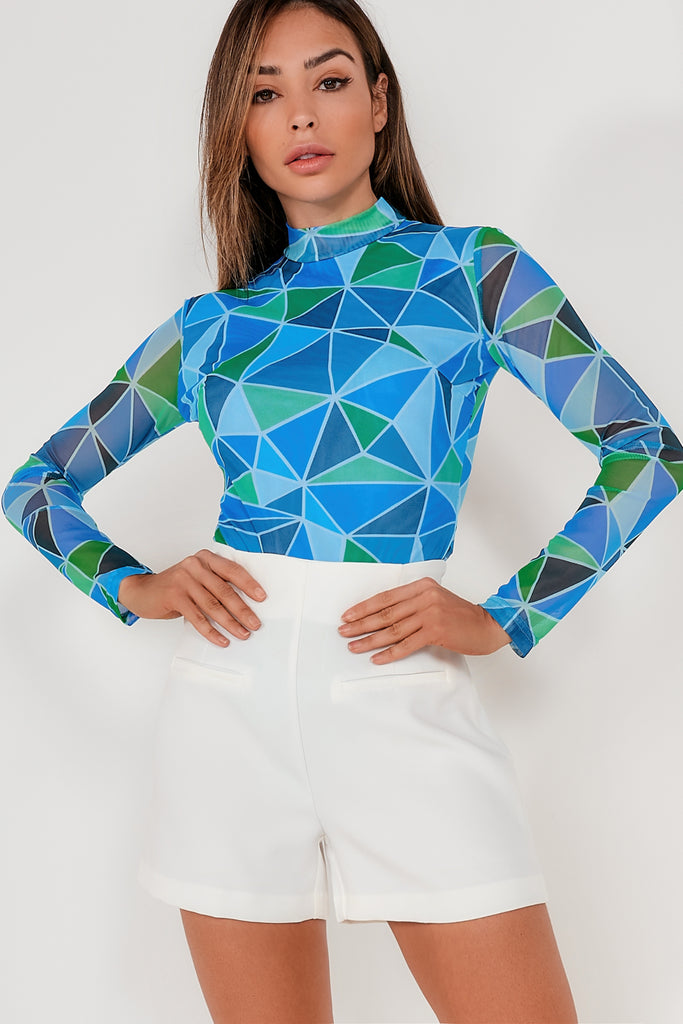Karen Blue Geometric Print Mesh Bodysuit
