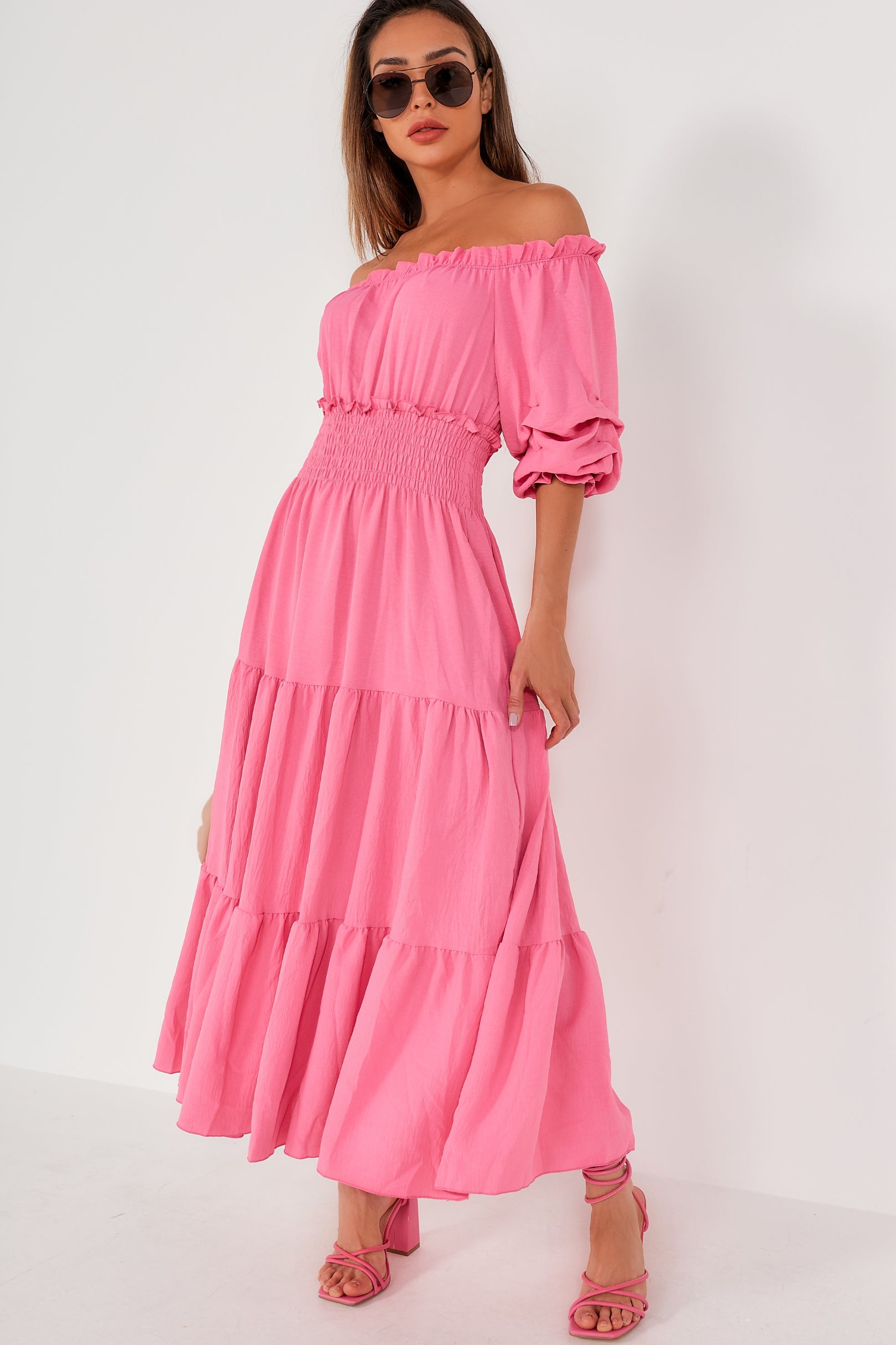 Image of Lilia Pink Tiered Maxi Dress  q f - i V " 8 