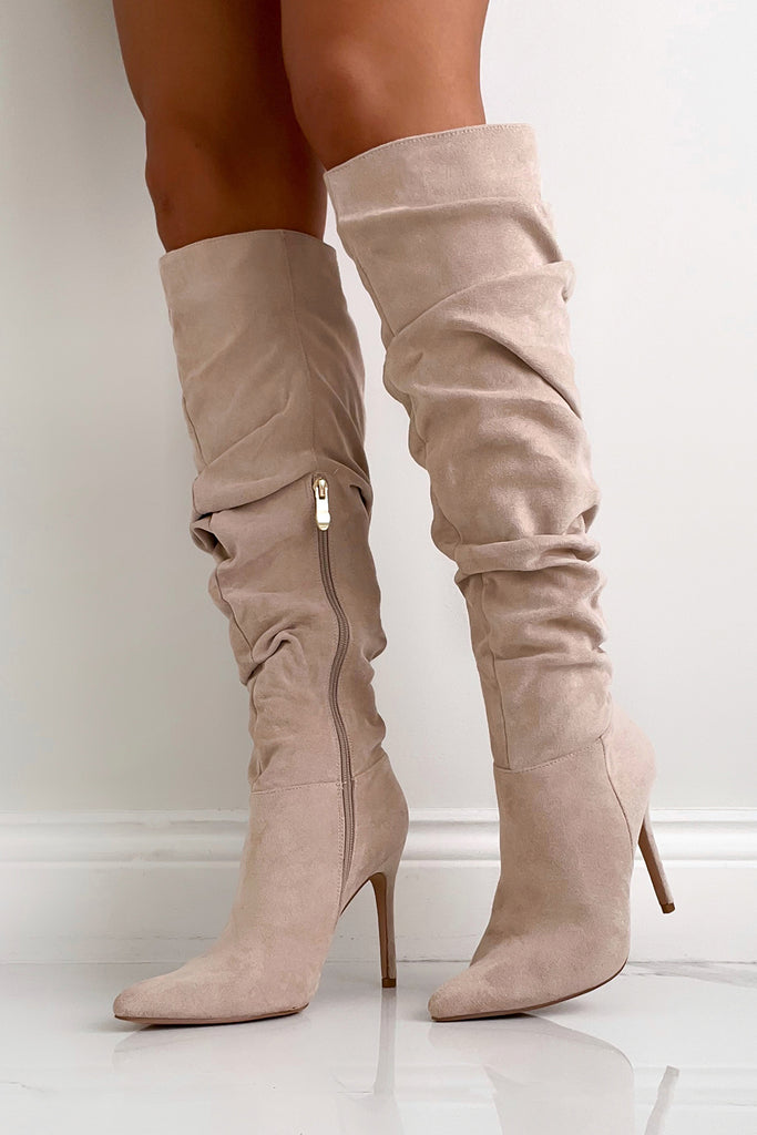 Lola Stone Suedette Slouch Knee Boots– Vavavoom.ie