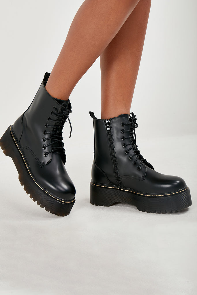 Melly Black Chunky Sole Lace Up Ankle 